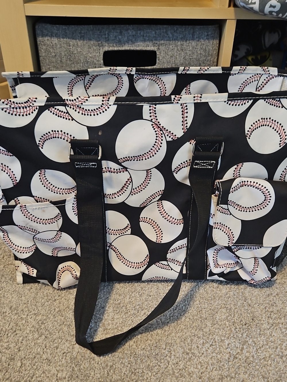 Black Baseball-Print Tote Bag with Black Straps